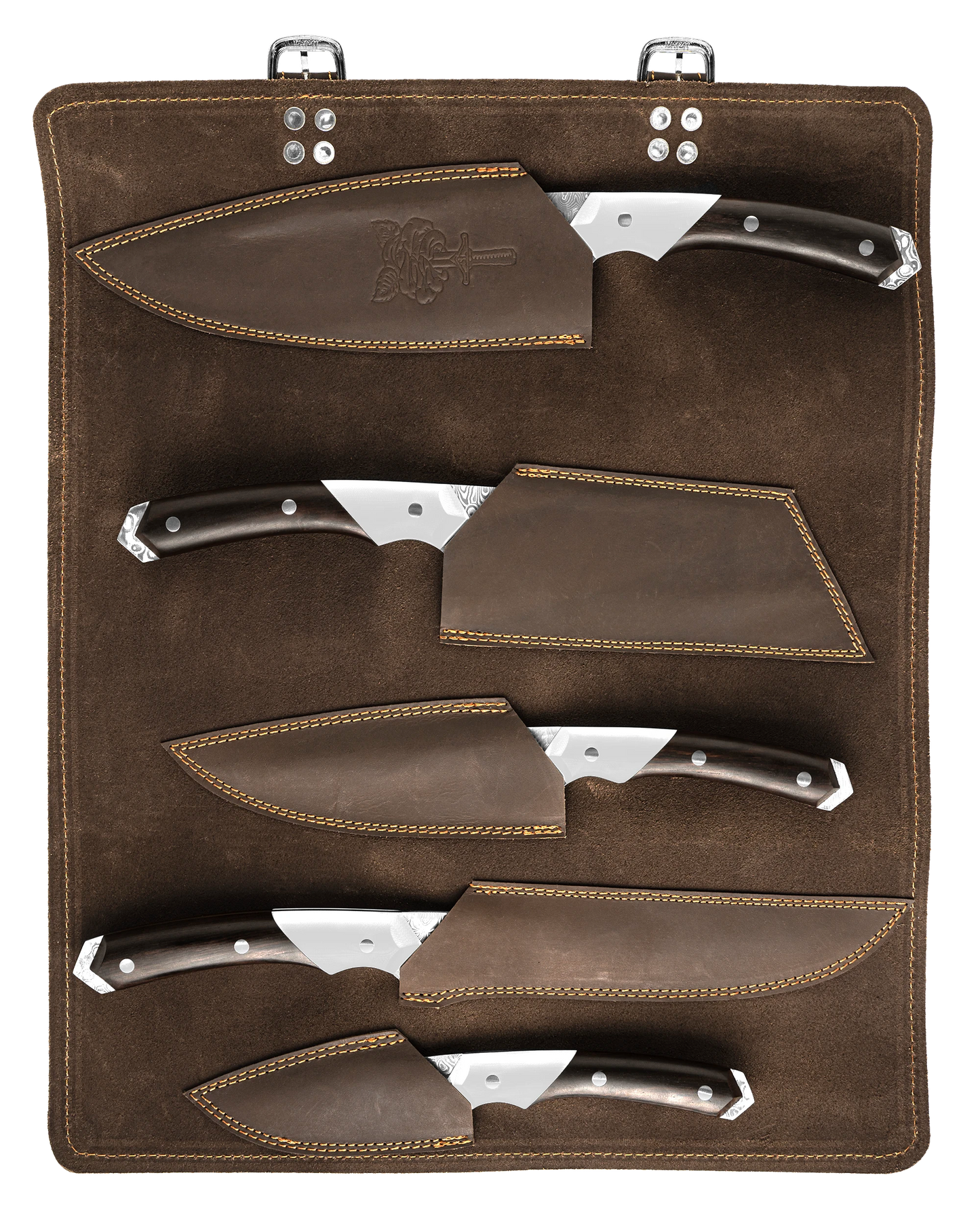 folded steel hawthorn 5-piece damascus knife set with leather roll 