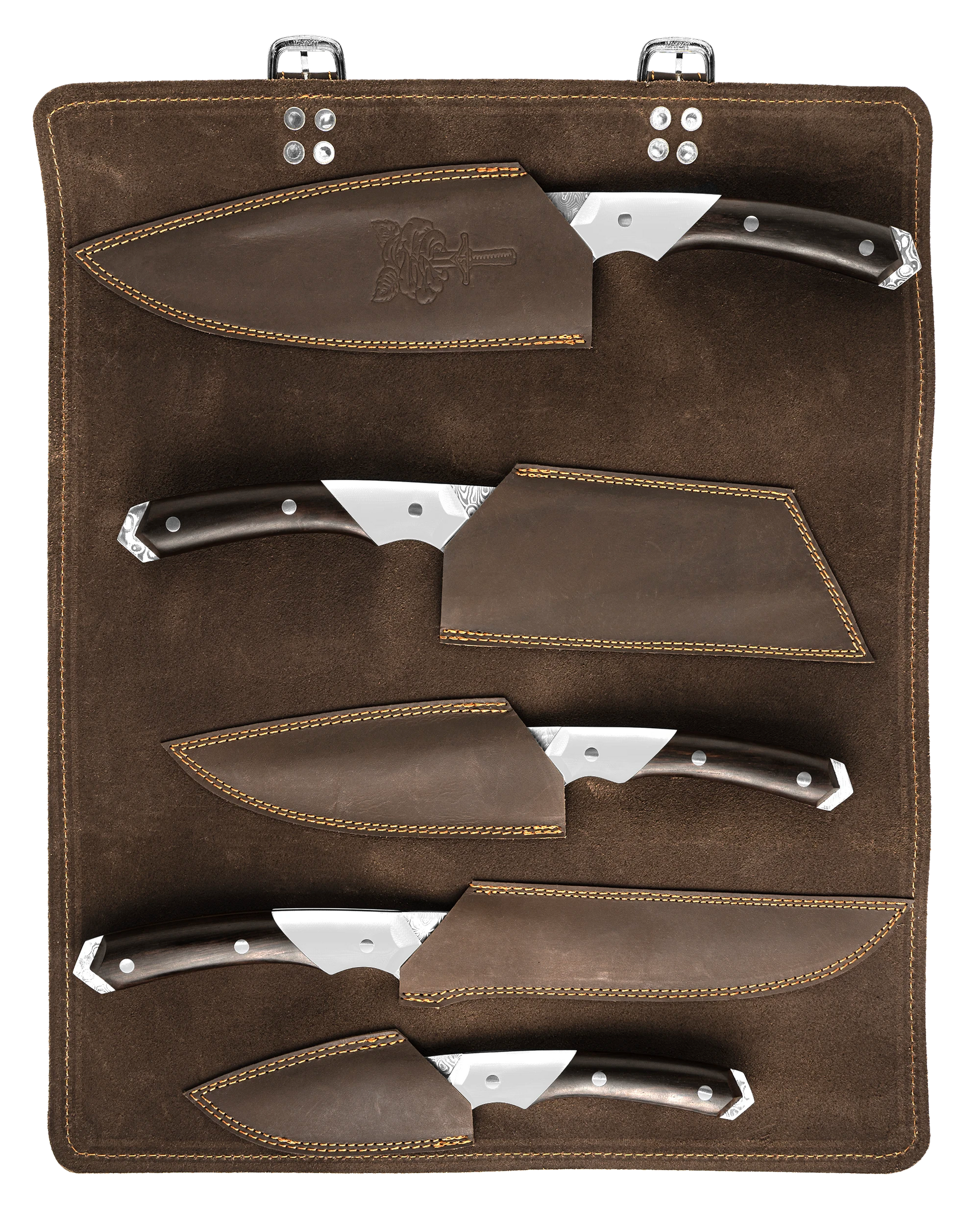 folded steel hawthorn 5-piece damascus knife set with leather roll 