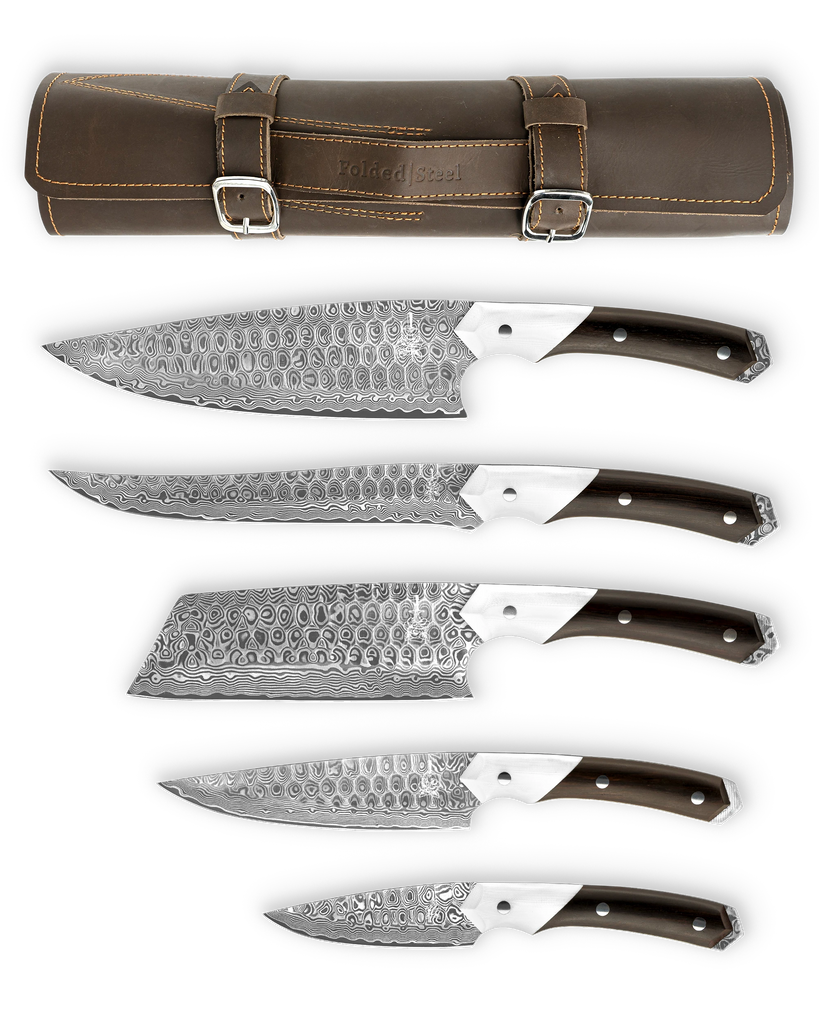 folded steel hawthorn 5-piece damascus chef knife set with leather roll