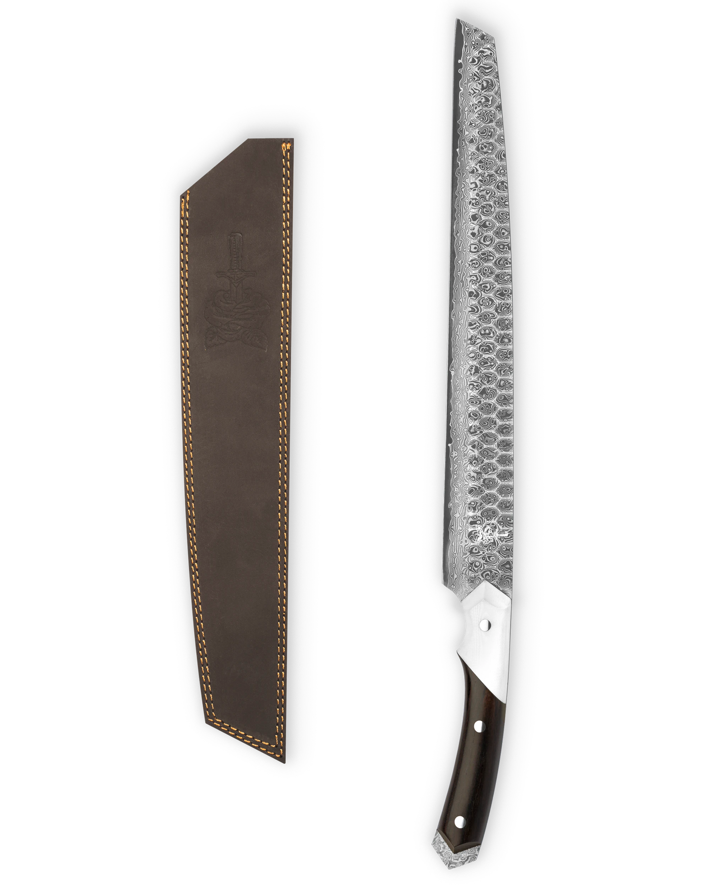 folded steel hawthorn damascus bbq slicer sheath