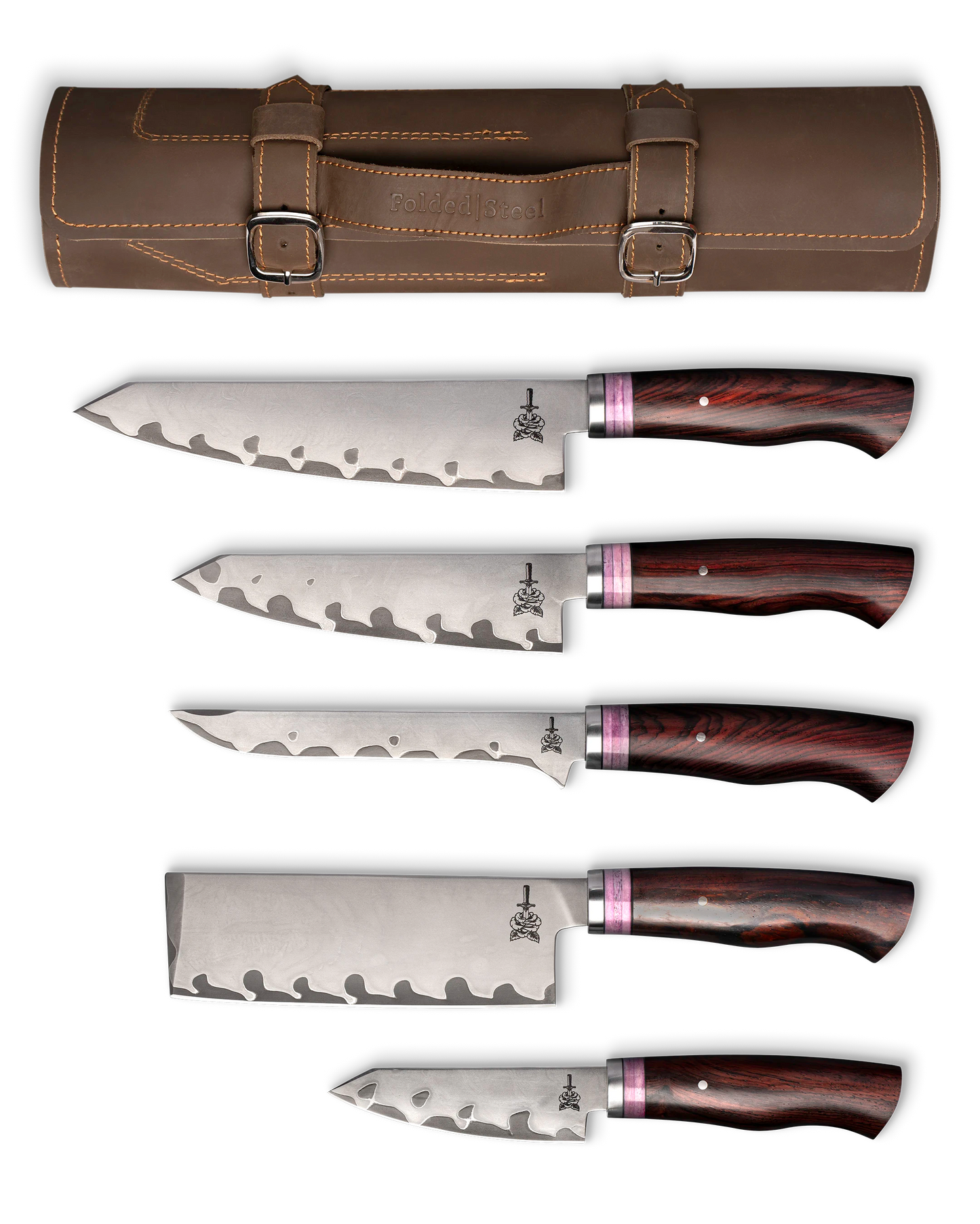 folded steel wolf's bane 5-piece san mai knife set with leather roll