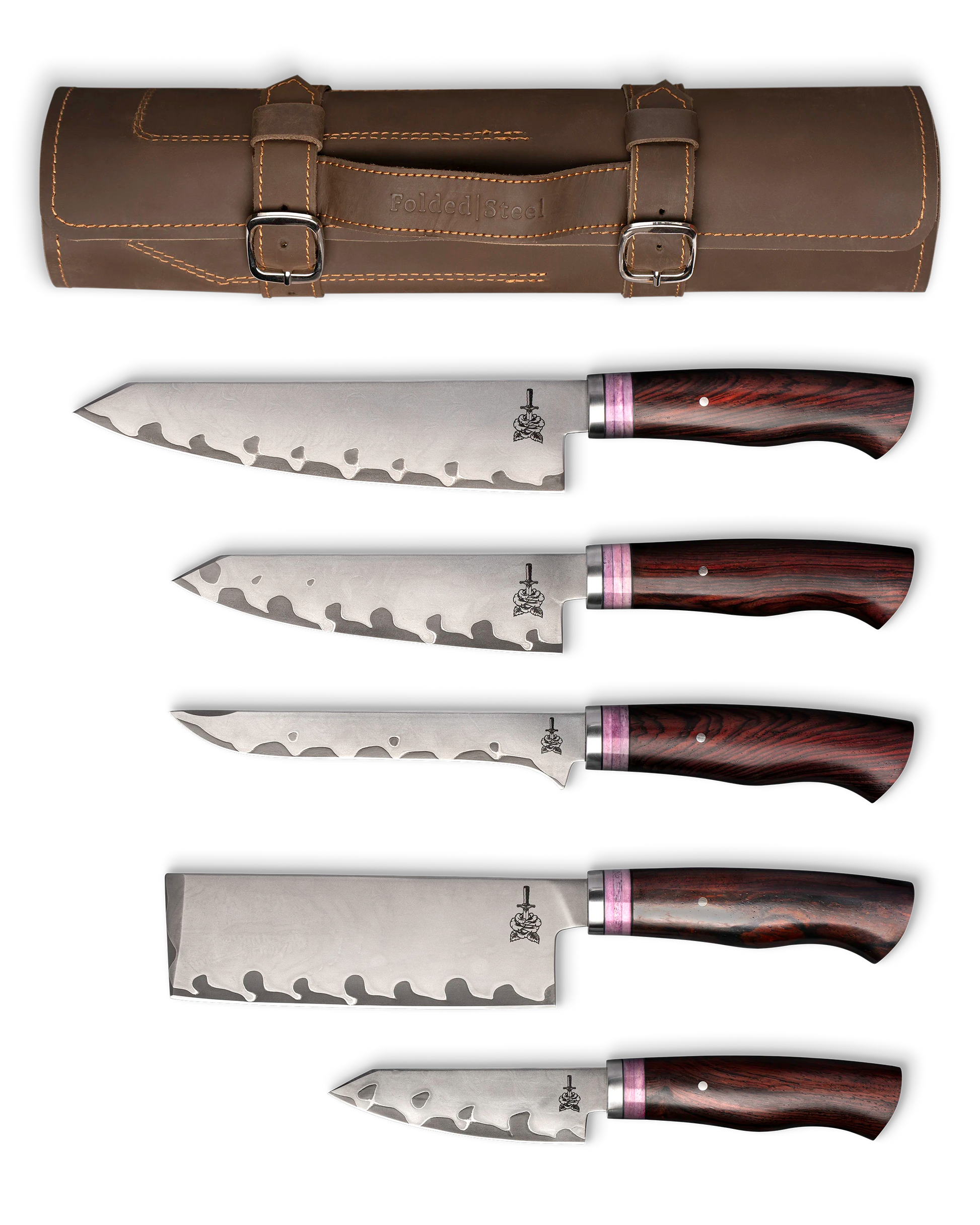 folded steel wolf's bane 5-piece san mai knife set with leather roll