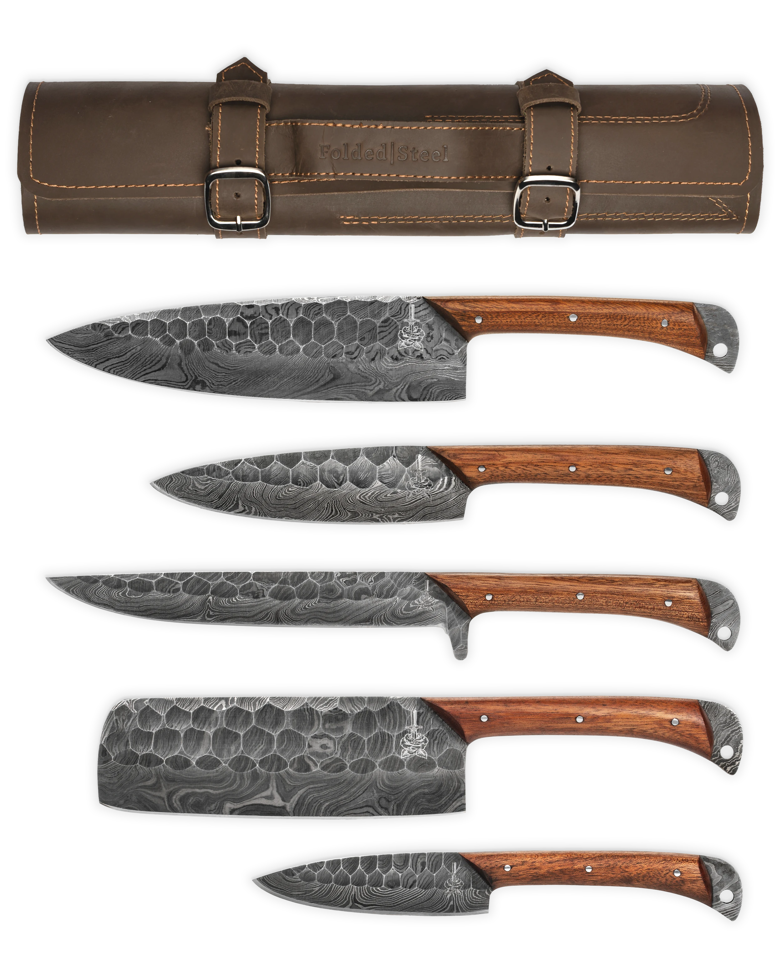 Wildrose - Damascus 5 Piece Chef Knife Set & Leather Roll – Forged Blade