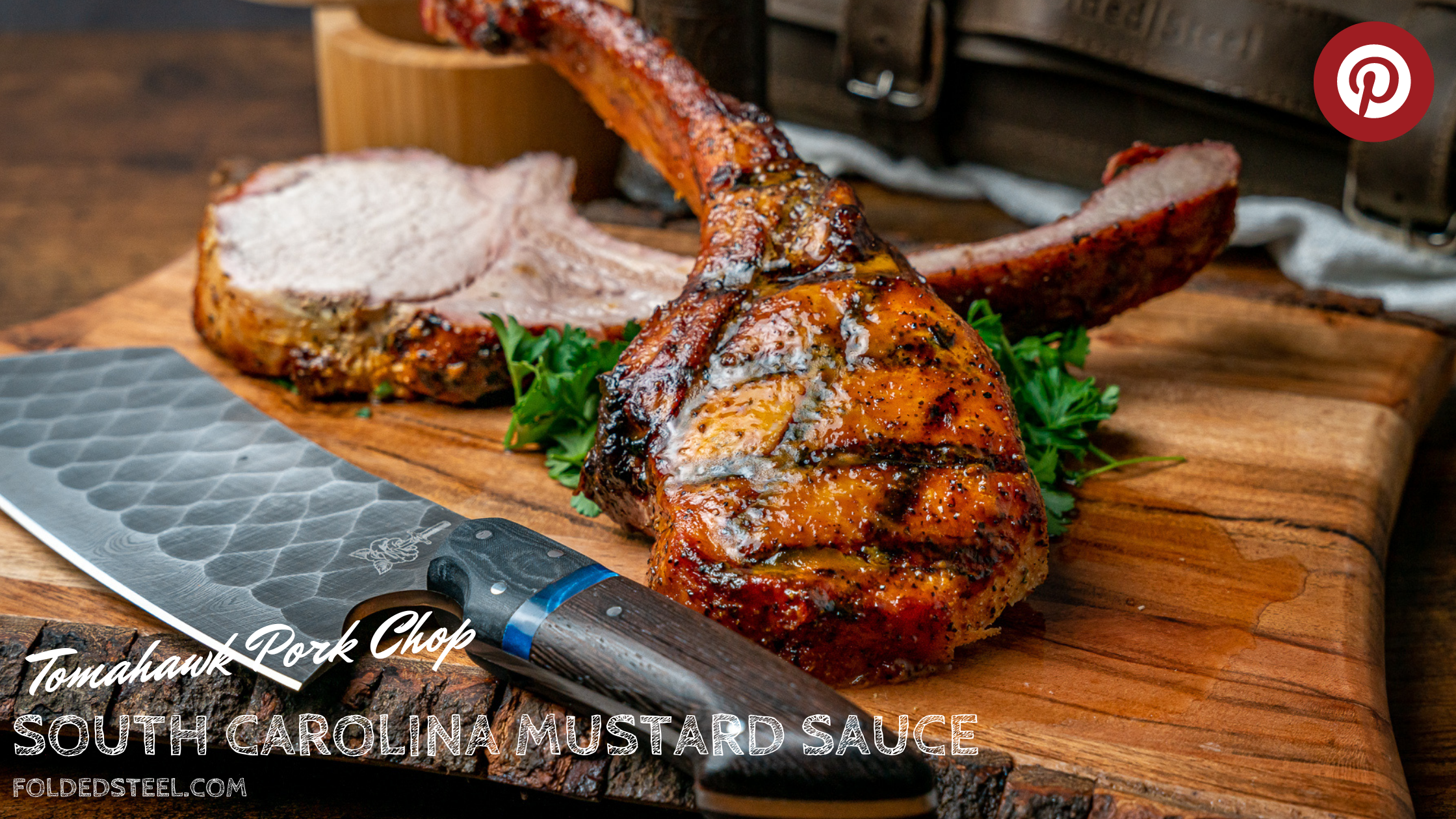 folded steel tomahawk pork chops