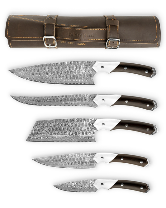 folded steel hawthorn 5-piece damascus chef knife set with leather roll